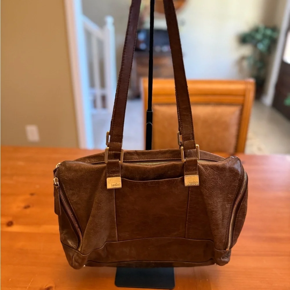 hobo handbag Brown Leather Distressed Multi Pockets Slouchy Everyday Purse hippy